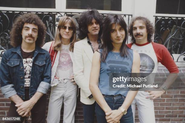 American rock group Journey, New York, June 1979. Left to right: guitarist Neal Schon, bassist Ross Valory, keyboard player Gregg Rolie, singer Steve...