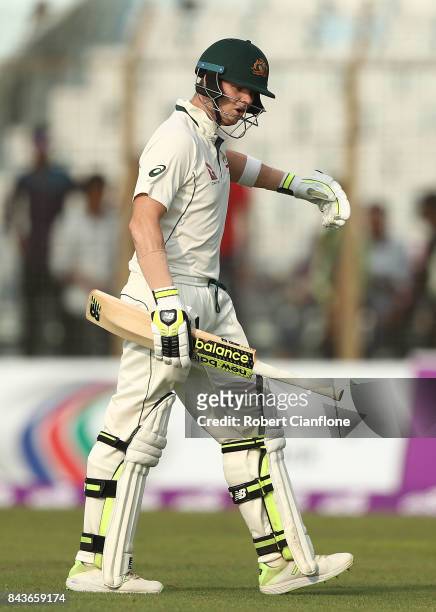 Steve Smith of Australia walks off after he was dismissed during day four of the Second Test match between Bangladesh and Australia at Zahur Ahmed...