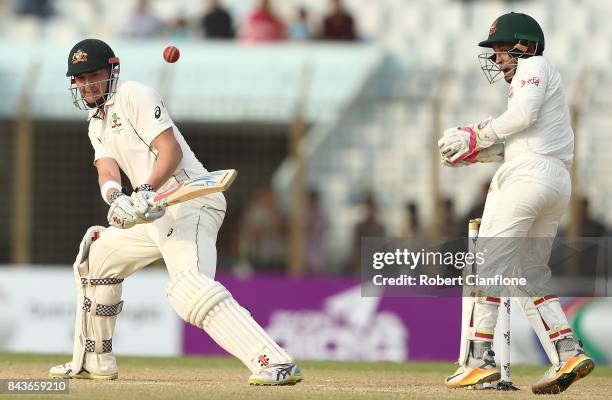 Matthew Renshaw of Australia bats during day four of the Second Test match between Bangladesh and Australia at Zahur Ahmed Chowdhury Stadium on...