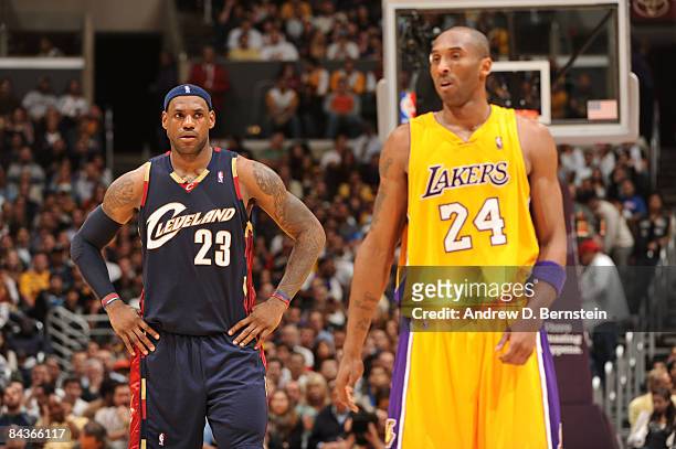 LeBron James of the Cleveland Cavaliers and Kobe Bryant of the Los Angeles Lakers look on during their game at Staples Center on January 19, 2009 in...