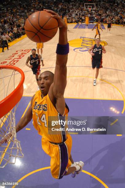 Kobe Bryant of the Los Angeles Lakers goes up for an uncontested dunk against the Cleveland Cavaliers at Staples Center on January 19, 2009 in Los...