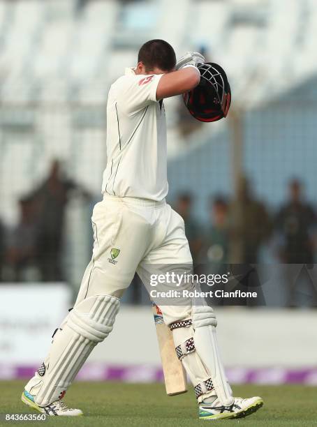 Matthew Renshaw of Australia walks off after he was dismissed by Shakib Al Hasan of Bangladesh during day four of the Second Test match between...