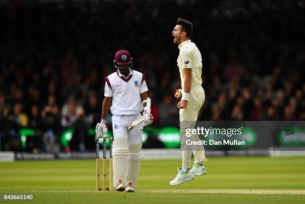 James Anderson of England celebrates taking the wicket of Kraigg Braithwaite of the West Indies during day one of the 3rd Investec Test Match between...