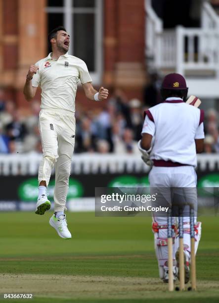 James Anderson of England celebrates dismissing Kraigg Brathwaite of the West Indies during day one of the 3rd Investec Test match between England...