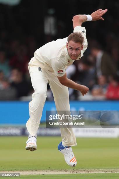 Stuart Broad of England bowls during day one of the 1st Investec Test match between England and West Indies at Lord's Cricket Ground on September 7,...