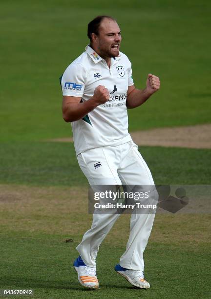 Joe Leach of Worcestershire celebrates after dismissing Brendan Taylor of Nottinghamshire during day three of the Specsavers County Championship...