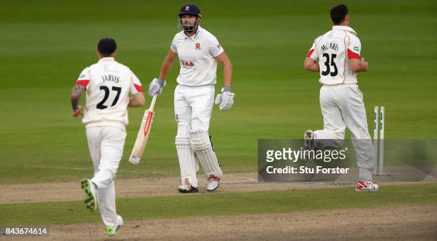Essex batsman Nick Browne is bowled by Ryan McLaren during day three of the Specsavers County Championship Division One match between Lancashire and...