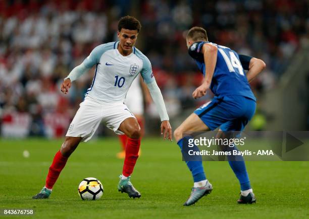 Dele Alli of England and Milan Skriniar of Slovakia during the FIFA 2018 World Cup Qualifier between England and Slovakia at Wembley Stadium on...