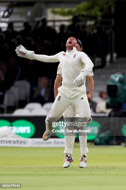 Jonny Bairstow of England celebrates after taking a catch to dismiss Kraigg Brathwaite of West Indies during day one of the 1st Investec Test match...