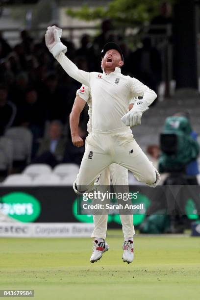 Jonny Bairstow of England celebrates after taking a catch to dismiss Kraigg Brathwaite of West Indies during day one of the 1st Investec Test match...