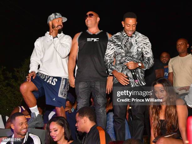 Ludacris, Vin Diesel and Kenny Burns attend the Luda birthday celebration at Compound on September 3, 2017 in Atlanta, Georgia.