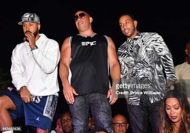 Ludacris, Vin Diesel and Kenny Burns attend the Luda birthday celebration at Compound on September 3, 2017 in Atlanta, Georgia.