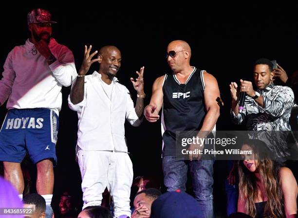 Kenny Burns, Tyrese, Vin Diesel and Ludacris attend the Luda birthday celebration at Compound on September 3, 2017 in Atlanta, Georgia.