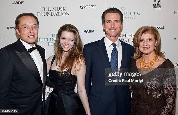 Elon Musk, Talulah Riley, Gavin Newsom and Arianna Huffington attend The Huffington Post pre-inaugural ball at the Newseum on January 19, 2009 in...