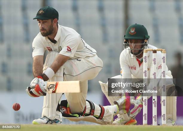 Glenn Maxwell of Australia bats during day four of the Second Test match between Bangladesh and Australia at Zahur Ahmed Chowdhury Stadium on...