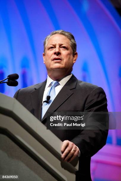 Former Vice President Al Gore speaks at the Creative Coalition's Students Inaugural Program at the Cole Field House at the University of Maryland on...