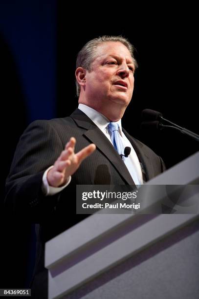 Former Vice President Al Gore speaks at the Creative Coalition's Students Inaugural Program at the Cole Field House at the University of Maryland on...