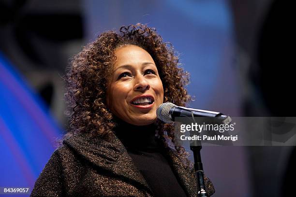 Tamara Tunie talks speaks at the Students Inaugural Program at the Cole Field House at the University of Maryland on January 19, 2009 in College...
