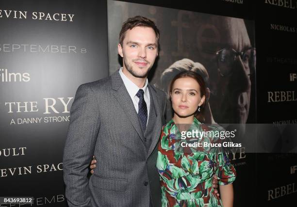 Nicholas Hoult and Zoey Deutch pose at the New York Premiere of "Rebel in The Rye" at Metrograph on September 6, 2017 in New York City.