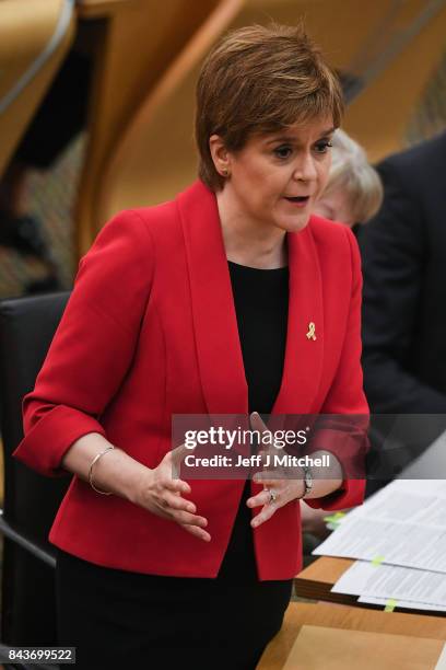 First Minister of Scotland Nicola Sturgeon answers questions during first ministers questions in the Scottish Parliamnet on September 7, 2017 in...