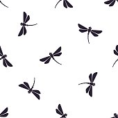 Seamless vector illustration. Pattern with silhouettes of flying dragonfly with curved body on white background