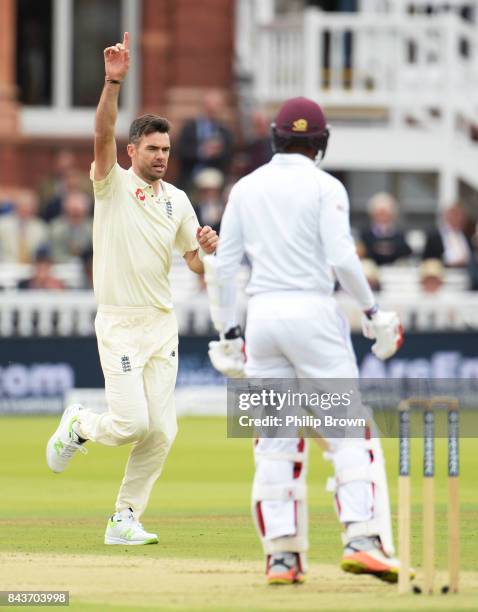 James Anderson of England celebrates after dismissing Kyle Hope of the West Indies during the third Investec cricket test match between England and...