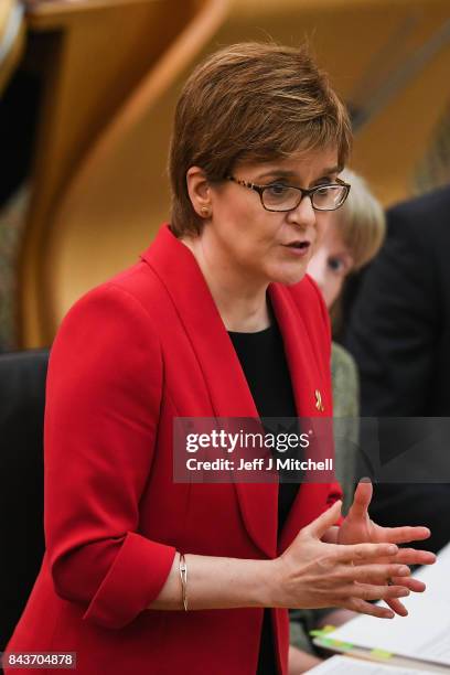 First Minister of Scotland Nicola Sturgeon answers questions during first ministers questions in the Scottish Parliamnet on September 7, 2017 in...