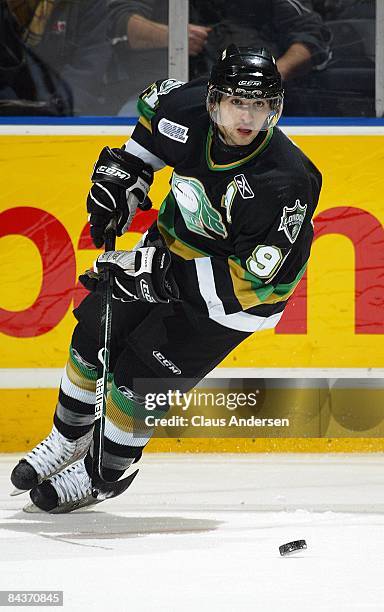 Nazem Kadri of the London Knights heads up ice with the puck in a game against the Guelph Storm on January 16, 2009 at the John Labatt Centre in...