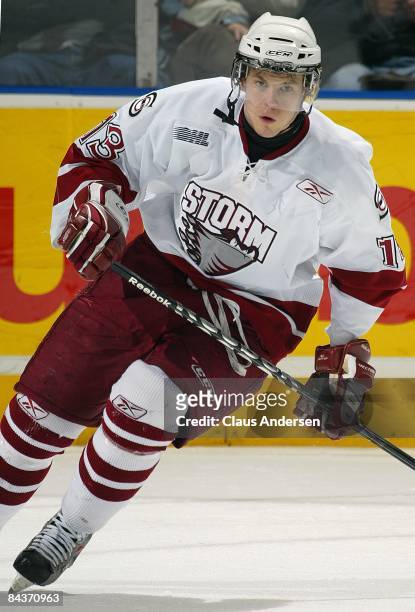 Peter Holland of the Guelph Storm skates in a game against the London Knights on January 16, 2009 at the John Labatt Centre in London, Ontario. The...
