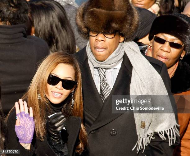 Singer Beyonce Knowles and husband Jay-Z arrive on the inaugural stage ahead of the inauguration of Barack Obama as the 44th President of the United...