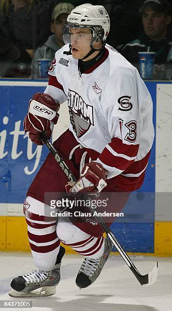 Peter Holland of the Guelph Storm skates in a game against the London Knights on January 16, 2009 at the John Labatt Centre in London, Ontario. The...