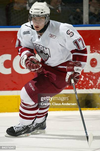 Michael Latta of the Guelph Storm skates in a game against the London Knights on January 16, 2009 at the John Labatt Centre in London, Ontario. The...