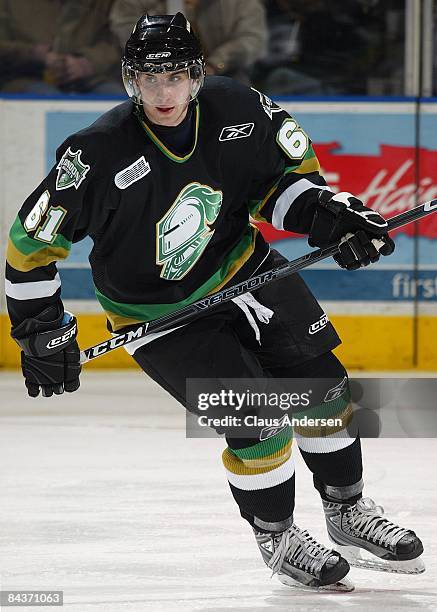 John Tavares of the London Knights skates in a game against the Guelph Storm on January 16, 2009 at the John Labatt Centre in London, Ontario. The...