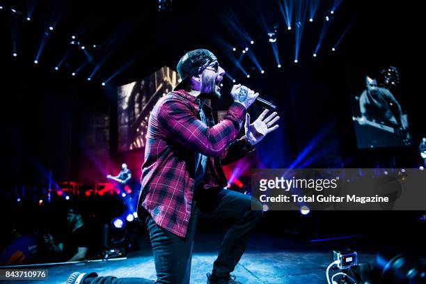 Vocalist M. Shadows of American hard rock group Avenged Sevenfold, photographed during a live performance at the O2 Arena in London, on January 21,...