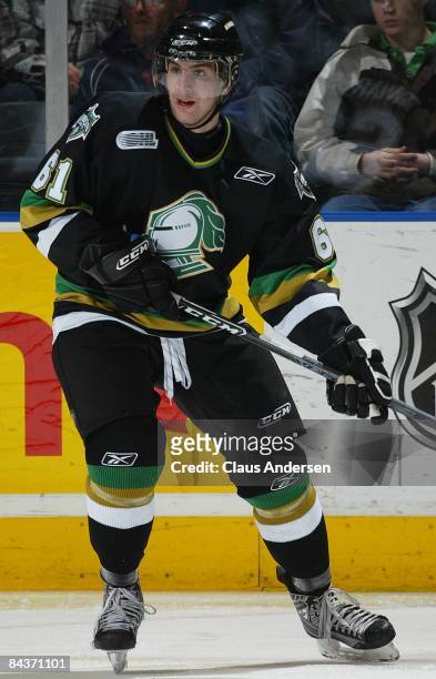 John Tavares of the London Knights skates in a game against the Guelph Storm on January 16, 2009 at the John Labatt Centre in London, Ontario. The...