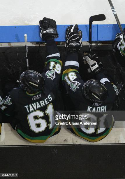 John Tavares and Nazem Kadri of the London Knights sit on the bench during a game against the Guelph Storm on January 16, 2009 at the John Labatt...