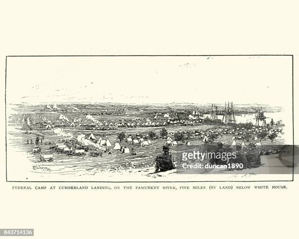 american civil war, camp of the federal army cumberland landing - military camp stock illustrations