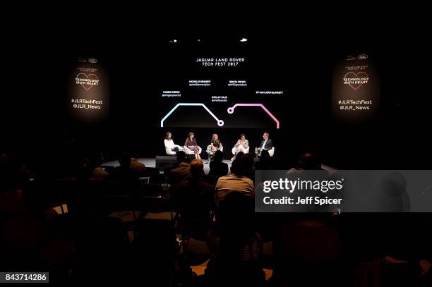 Imogen Pierce, Michelle Kennedy, Shelley Zalis, Benita Mehra and Rt Hon Lord David Blunkett speak at the Technology with Heart: Jaguar Land Rover's...