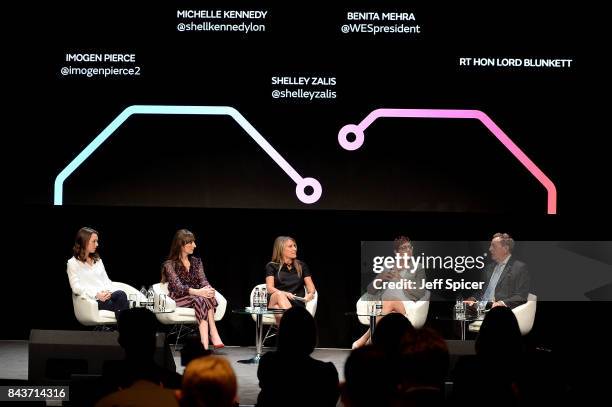Imogen Pierce, Michelle Kennedy, Shelley Zalis, Benita Mehra and Rt Hon Lord David Blunkett speak at the Woman and Machine talk during the Technology...