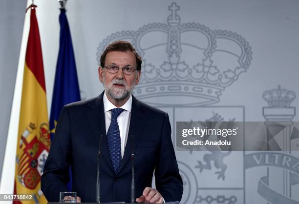 Spanish Prime Minister Mariano Rajoy speaks during a press conference after extraordinary cabinet meeting over Catalan parliament's referendum bill,...