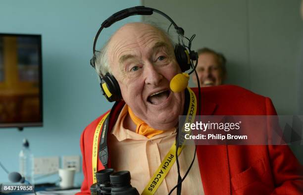 Henry Blofeld commentates during day one of the 1st Investec Test match between England and West Indies at Lord's Cricket Ground on September 7, 2017...