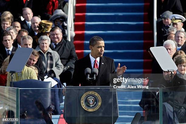 President Barack Obama gives his inaugural address during his inauguration as the 44th President of the United States of America on the West Front of...