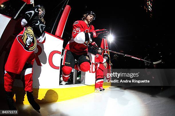 Brian Lee of the Ottawa Senators steps onto the ice during player introductions prior to a game against the New York Rangers at Scotiabank Place on...