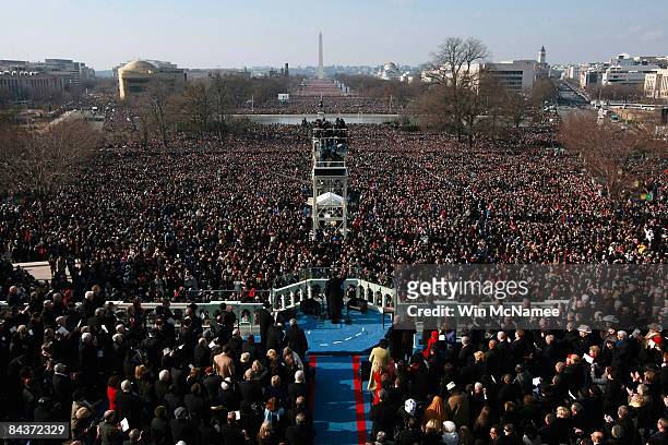 President Barack Obama gives his inaugural address during his inauguration as the 44th President of the United States of America on the West Front of...