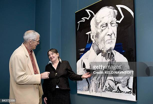 Jan Utzon , son of Danish architect Jorn Utzon who died in November 2008, and artist Sys Hindsbo talk after the unveiling of a painted portrait of...