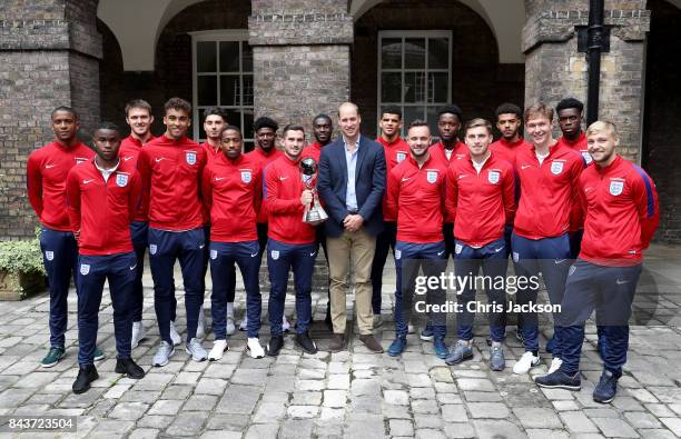 Prince William, Duke of Cambridge, President of the Football Association poses with Ezri Konsa, Ademola Lookman, Freddie Woodman, Dominic...