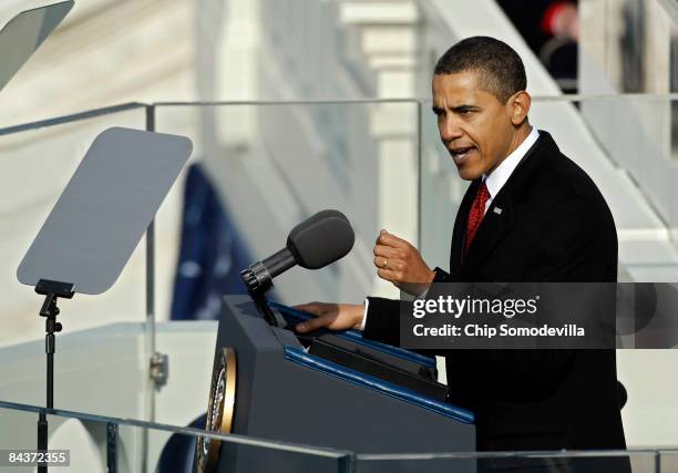 President Barack Obama gives his inaugural address during his inauguration as the 44th President of the United States of America on the West Front of...