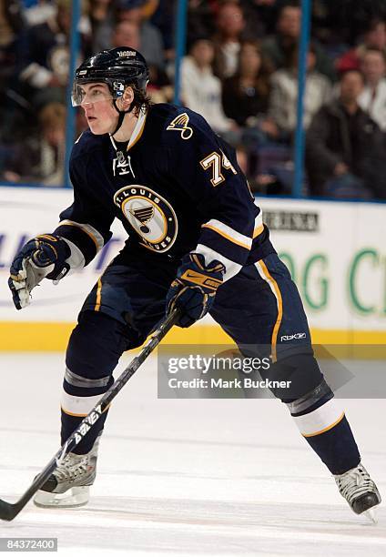 Oshie of the St. Louis Blues skates against the Chicago Blackhawks on January 17, 2009 at Scottrade Center in St. Louis, Missouri.