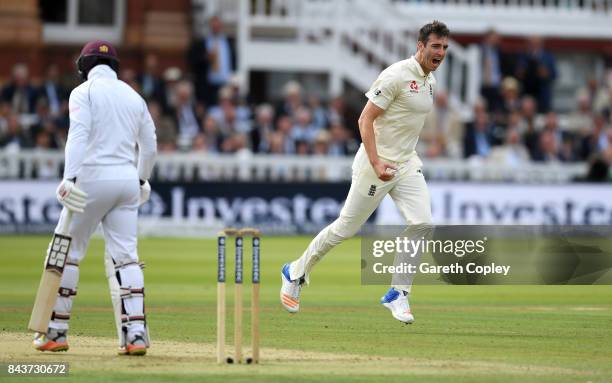 Toby Roland-Jones of England celebrates dismissing Shai Hope of the West Indies during day one of the 3rd Investec Test match between England and the...