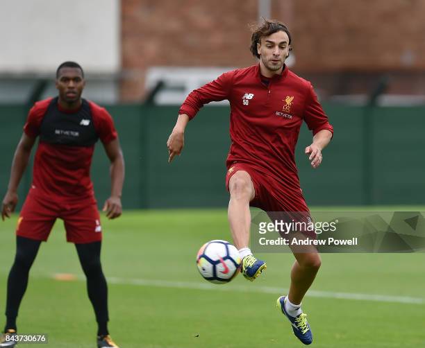 Lazar Markovic of Liverpool during a training session at Melwood Training Ground on September 7, 2017 in Liverpool, England.